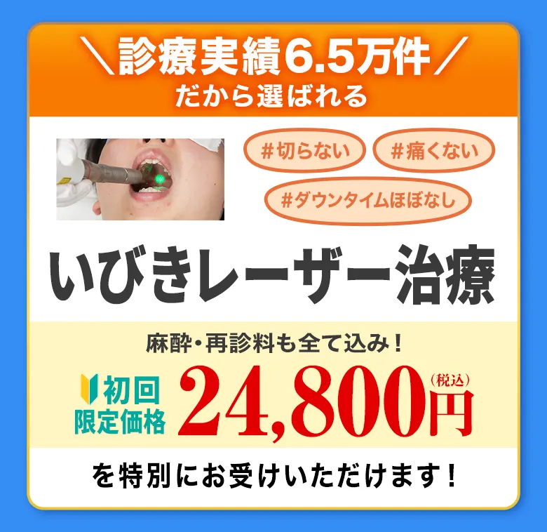 診療実績6.5万人 だから選ばれる 切らない痛くないダウンタイムほぼなし いびきレーザー治療 麻酔再診料も全て込み29,800円（税込）