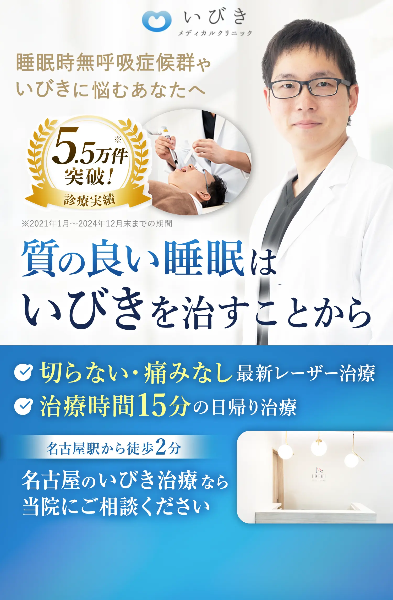 睡眠時無呼吸症候群やいびきに悩むあなたへ・名古屋駅から徒歩2分・切らない、痛みなしのレーザー治療・治療時間15分の日帰り治療・名古屋のいびき治療なら当院にご相談ください