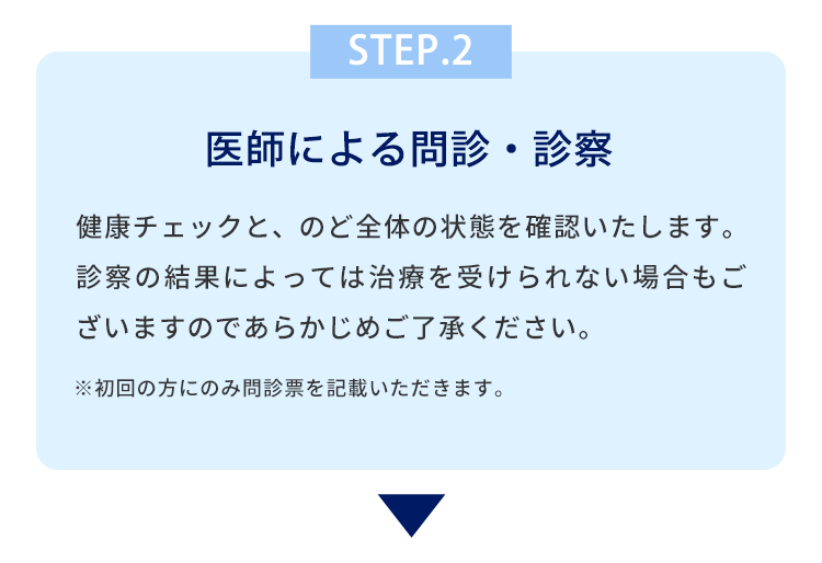 STEP.2 医師による問診・診察 健康チェックと、のど全体の状態を確認いたします。診察の結果によっては治療を受けられない場合もございますのであらかじめご了承ください。 ※初回の方にのみ問診票を記載いただきます。