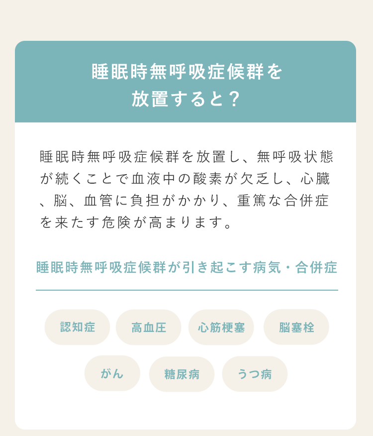 睡眠時無呼吸症候群を放置すると？睡眠時無呼吸症候群を放置し、無呼吸状態が続くことで血液中の酸素が欠乏し、心臓、脳、血管に負担がかかり、重篤な合併症を来たす危険が高まります。