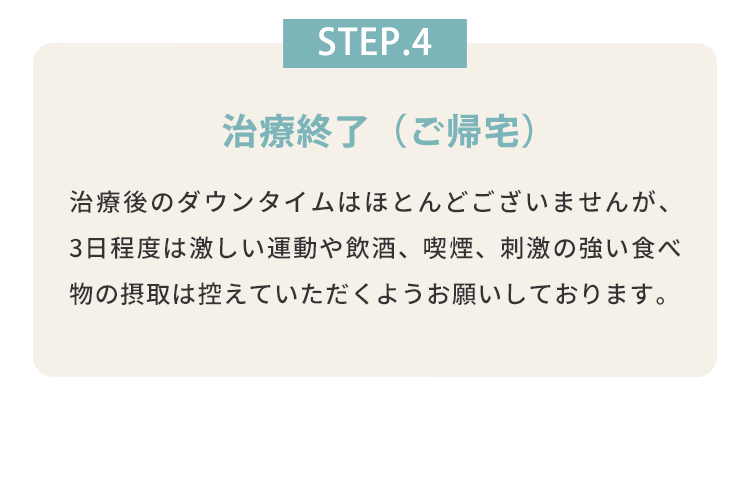 STEP.4 治療終了（ご帰宅） 治療後のダウンタイムはほとんどございませんが、3日程度は激しい運動や飲酒、喫煙、 刺激の強い食べ物の摂取は控えていただくようお願いしております。