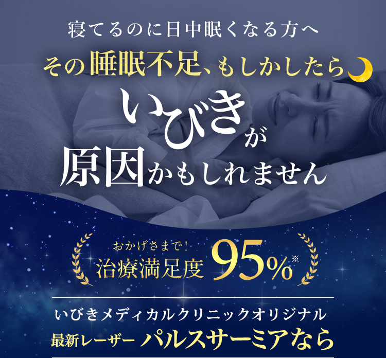 寝るのに日中眠くなる方へ その睡眠不足、もしかしたらいびきが原因かもしれません おかげさまで！ 治療満足度95％※ いびきメディカルクリニックオリジナル 最新レーザー治療パルスサーミアなら