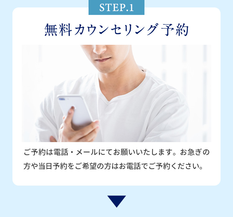 STEP.1 無料カウンセリング予約 ご予約は電話・メールにてお願いいたします。お急ぎの方や当日予約をご希望の方はお電話でご予約ください。