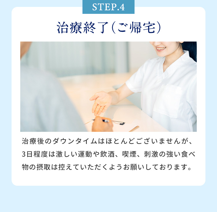 STEP.4 治療終了（ご帰宅） 治療後のダウンタイムはほとんどございませんが、3日程度は激しい運動や飲酒、喫煙、 刺激の強い食べ物の摂取は控えていただくようお願いしております。