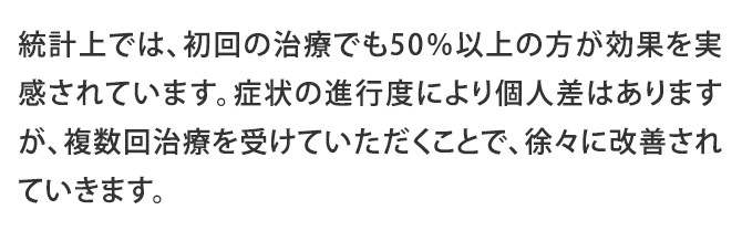 統計上では、初回の治療でも50%以上の方が効果を実感されています。2回目の治療後の統計では80％以上の方が改善を実感されています。3から6回程度の照射からいびきが減少し、睡眠がより深くなりスッキリ爽快な気分で起床できる事が実感できるでしょう。