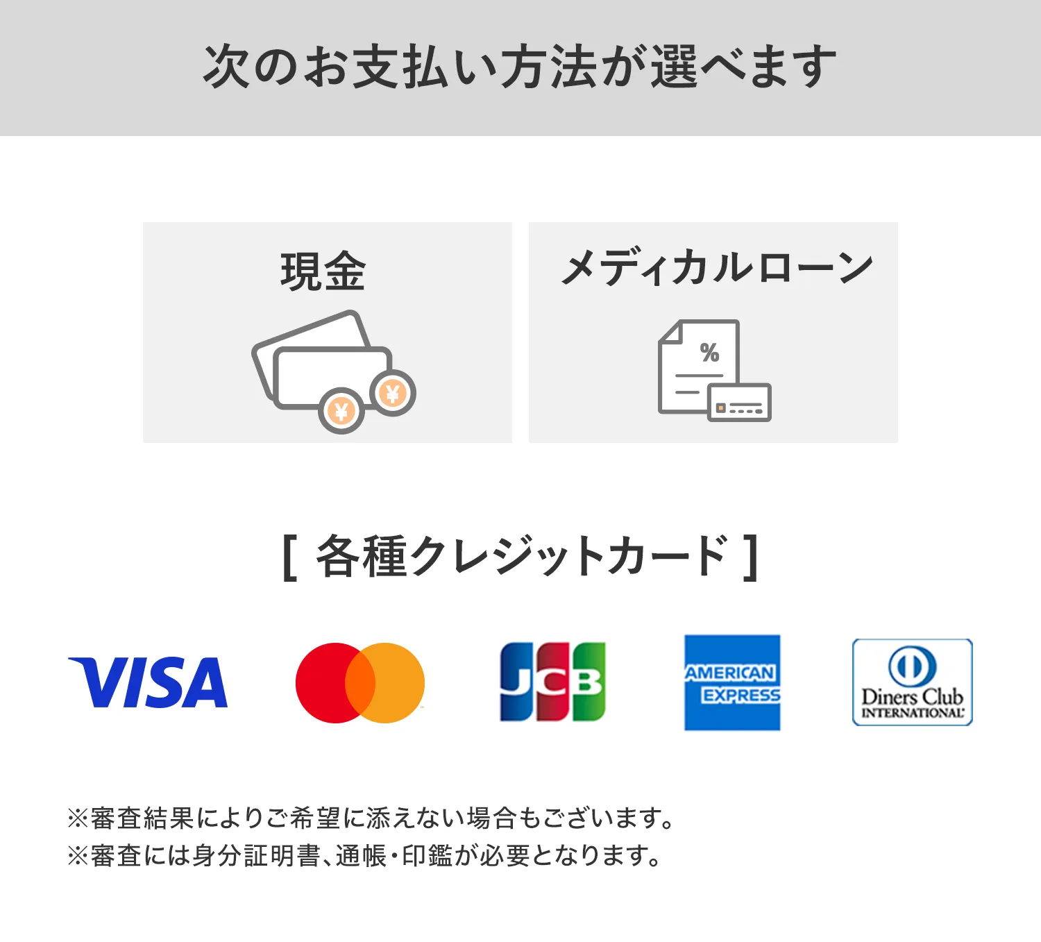 お支払い方法 現金+メディカルローン 各種クレジットカード VISA master JCB AmericanExpress dinerscard