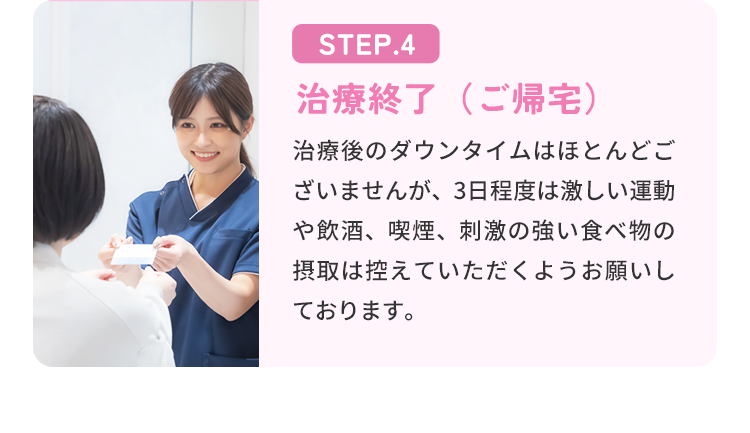 STEP.4 治療終了（ご帰宅） 治療後のダウンタイムはほとんどございませんが、3日程度は激しい運動や飲酒、喫煙、 刺激の強い食べ物の摂取は控えていただくようお願いしております。