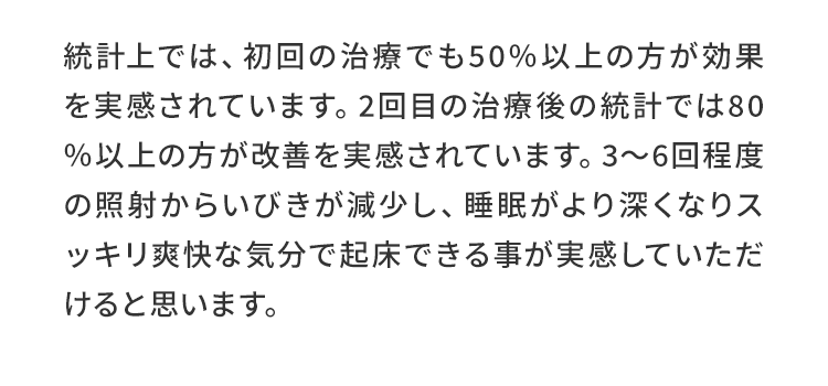 統計上では、初回の治療でも50%以上の方が効果を実感されています。2回目の治療後の統計では80％以上の方が改善を実感されています。3から6回程度の照射からいびきが減少し、睡眠がより深くなりスッキリ爽快な気分で起床できる事が実感できるでしょう。