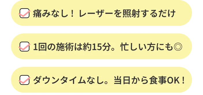 痛みなし！レーザーを照射するだけ、1回の施術は約15分。忙しい方にも最適。ダウンタイムなし、当日から食事もOK