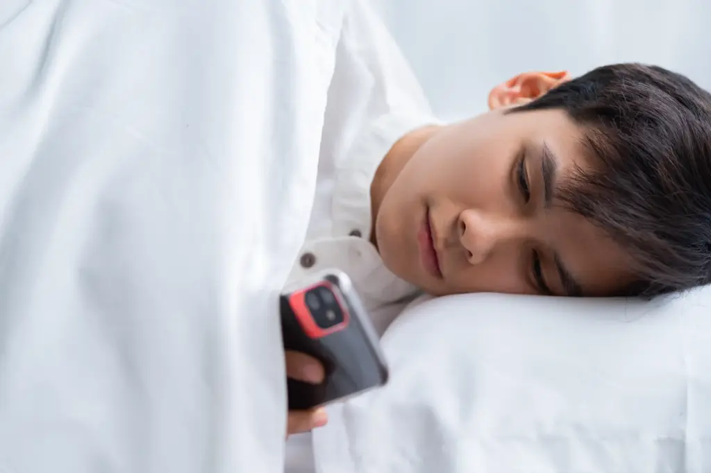 ベッドでスマホをいじる男性